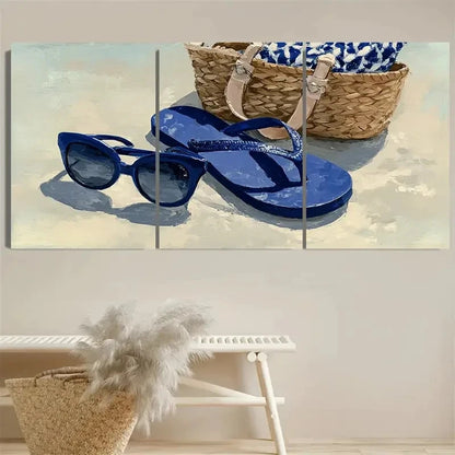 3pcs Navy Blue Glasses And Beach Flip Flops Wall Art Set Canvas Framed 60x90cm - High Quality Print 100% Australian Made Wall Canvas Ready to Hang
