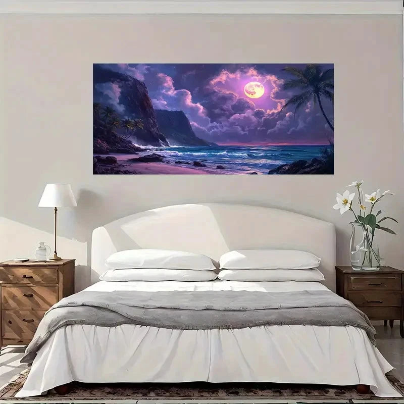 Purple Moonlit Beach Palm Tree Wall Art Canvas Office Home Room Framed 120x60cm