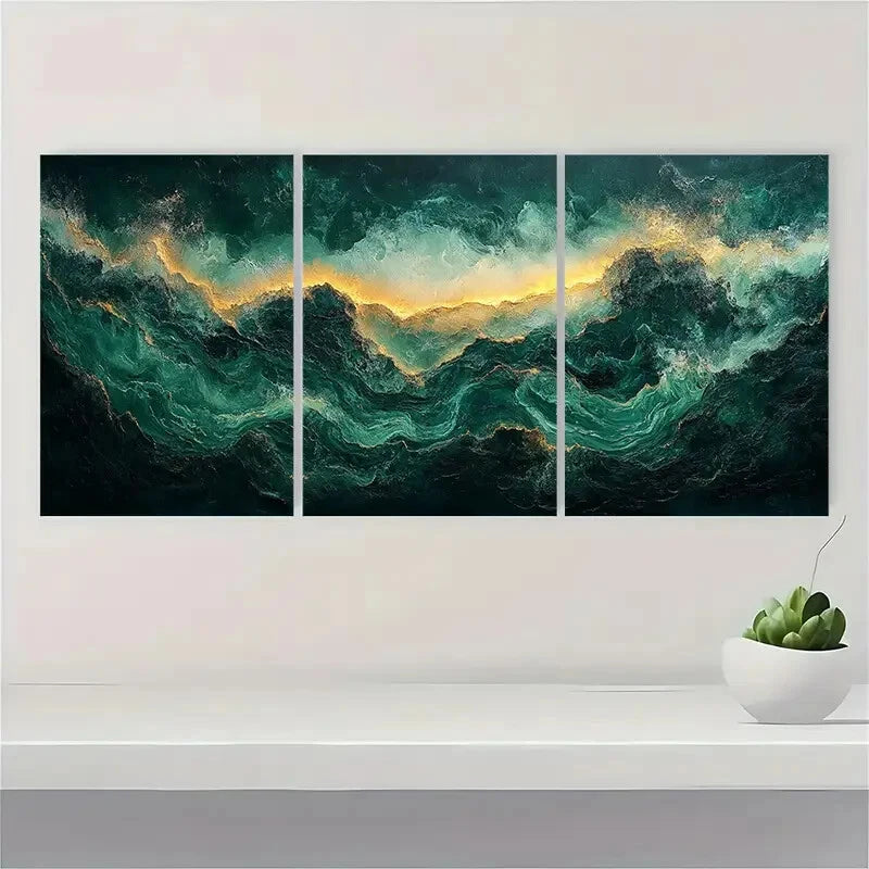 3pcs Emerald Green Abstract Modern Art Metal Print Ready to Hang Art - Bella Home Decor