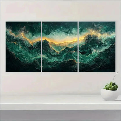 3pcs Emerald Green Abstract Modern Art Metal Print Ready to Hang Art - Bella Home Decor