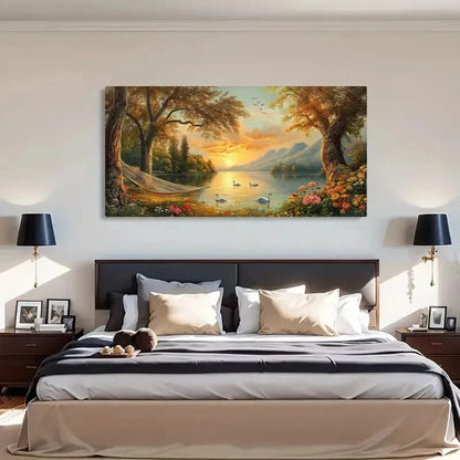 Tranquil Boat Golden Sunset Wall Art Canvas Office Home Room Framed 120x60cm - Bella Home Decor