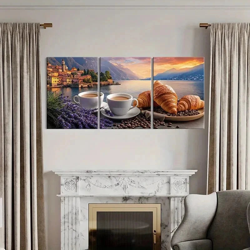 3pcs Morning Serenity Croissant Coffee Metal Print Ready to Hang Art - Bella Home Decor