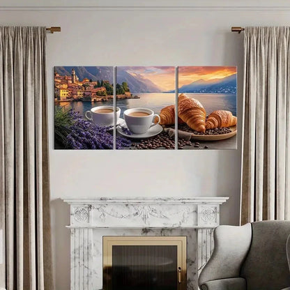 3pcs Morning Serenity Croissant Coffee Metal Print Ready to Hang Art - Bella Home Decor