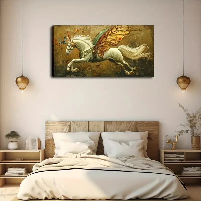 A White Horse with Unicorn Horn Wall Art Canvas Office Home Room Framed 120x60cm - Bella Home Decor