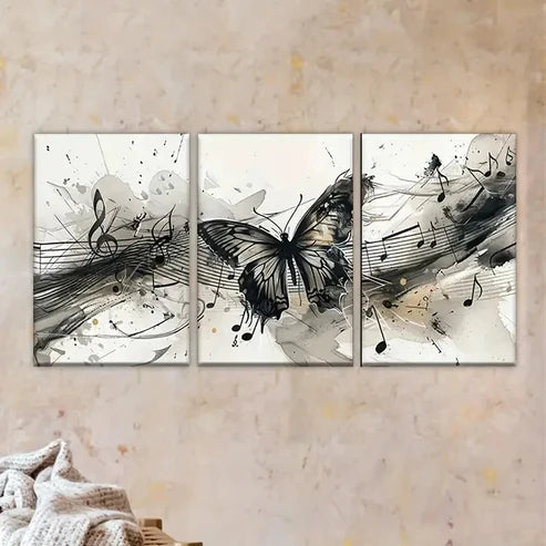 3pcs Butterfly with Music Notes Wall Art Set Canvas Unframed - High Quality Print 100% Australian Made Wall Canvas - Bella Home Decor