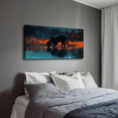 Black Leopard Drinking By Water Wall Art Canvas Office Home Room Framed 120x60cm