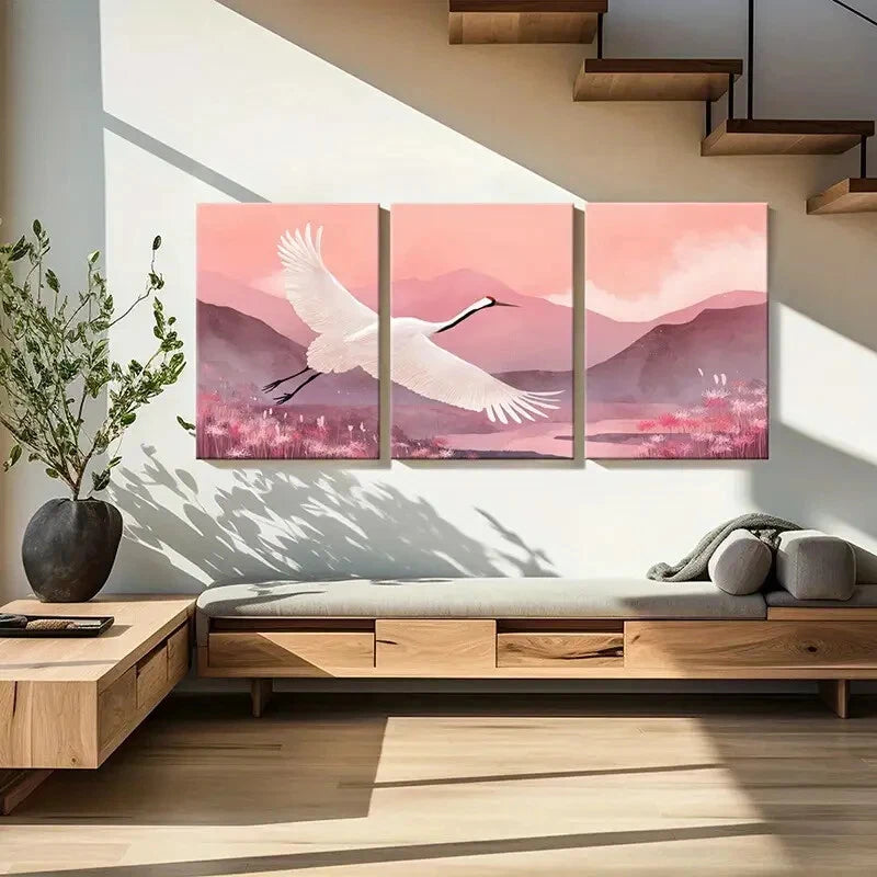 3pcs Elegant White Crane Mountain Landscape Pink Metal Print Ready to Hang Art - Bella Home Decor