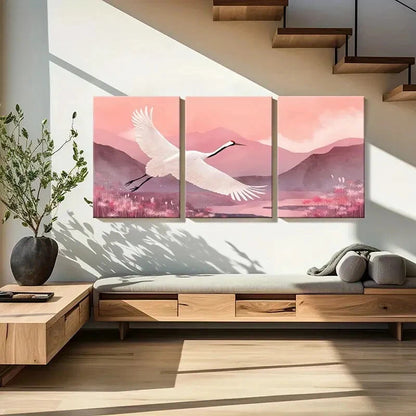 3pcs Elegant White Crane Mountain Landscape Pink Metal Print Ready to Hang Art - Bella Home Decor