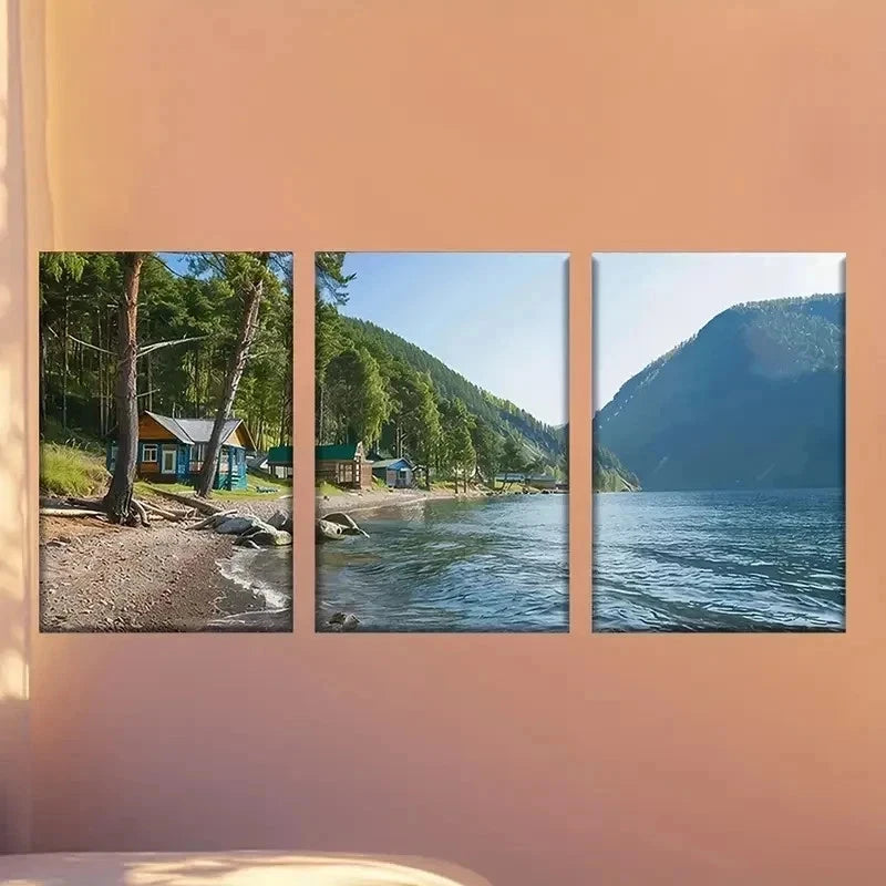 3pcs  Small Cabin by The Lake  Wall Art Set Canvas Framed 60x90cm - High Quality Print 100% Australian Made Wall Canvas Ready to Hang - Bella Home Decor