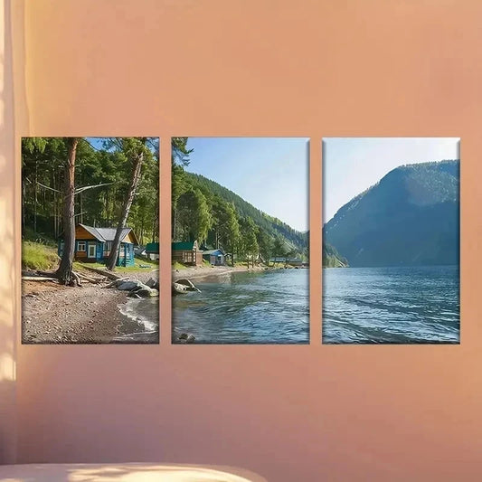 3pcs Small Cabin by The Lake Wall Art Set Canvas Framed 60x90cm - High Quality Print 100% Australian Made Wall Canvas Ready to Hang