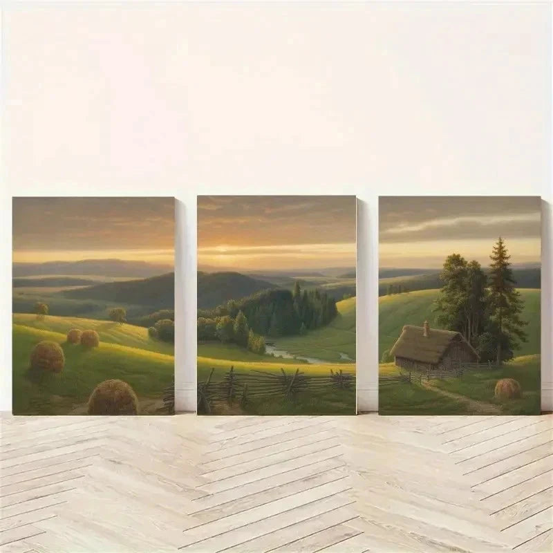 3pcs Cabin, Sunset, River, Pine Trees   Wall Art Set Canvas Framed 60x90cm - High Quality Print 100% Australian Made Wall Canvas Ready to Hang - Bella Home Decor