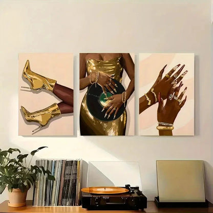 3pcs Golden Boots and Hand Accessories Metal Print Ready to Hang Art - Bella Home Decor