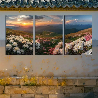 3pcs Blooming Flowers with Mountain View Metal Print Ready to Hang Art - Bella Home Decor