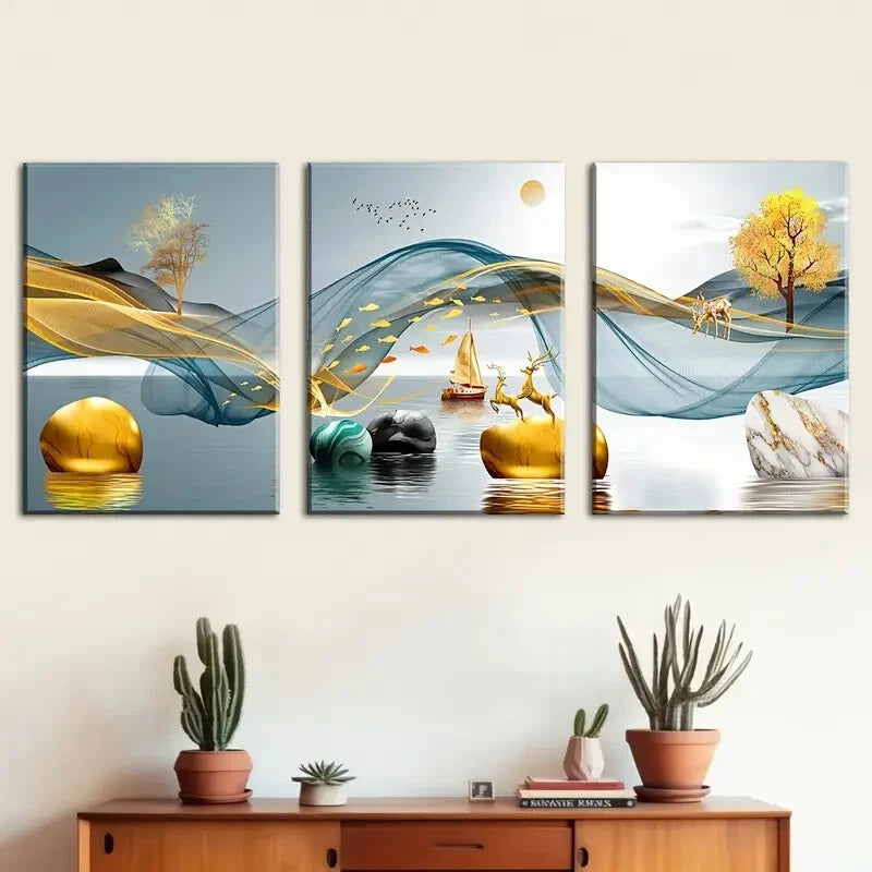 3pcs Abstract Animal Geometric Lines Metal Print Ready to Hang Art - Bella Home Decor