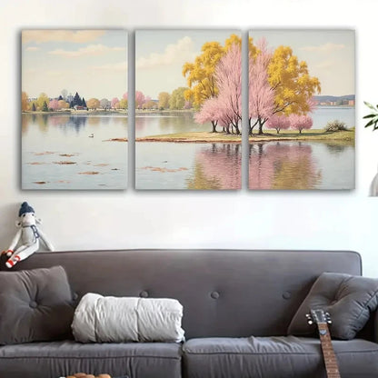 3pcs Serene Cherry Blossom Lake Landscape Wall Art Set Canvas Framed 60x90cm - High Quality Print 100% Australian Made Wall Canvas Ready to Hang