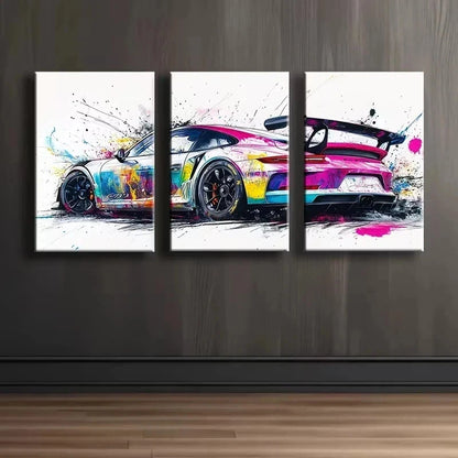 3pcs Stunning Vibrant Car Design Metal Print Ready to Hang Art