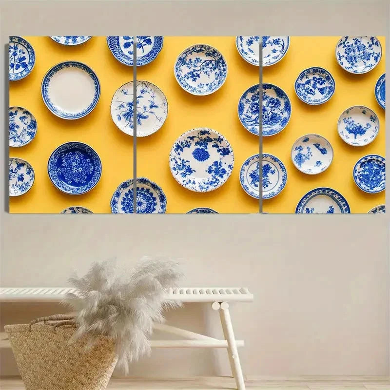 3pcs Blue and white porcelain plates on yellow Wall Art Set Canvas Framed 50x70cm - High Quality Print 100% Australian Made Wall Canvas Ready to Hang - Bella Home Decor