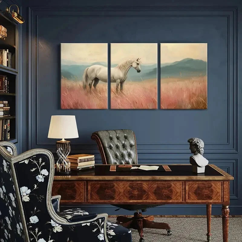 3pcs White Horse In Field Landscape Art Metal Print Ready to Hang Art - Bella Home Decor