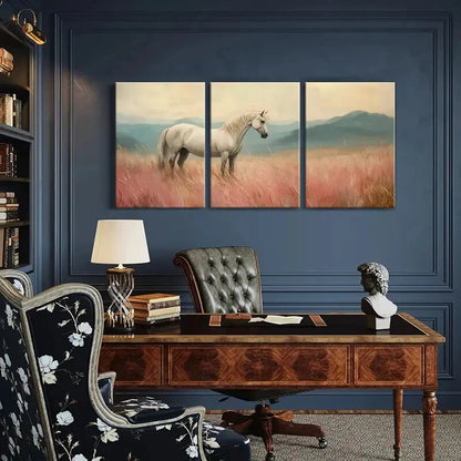 3pcs White Horse In Field Landscape Art Metal Print Ready to Hang Art - Bella Home Decor