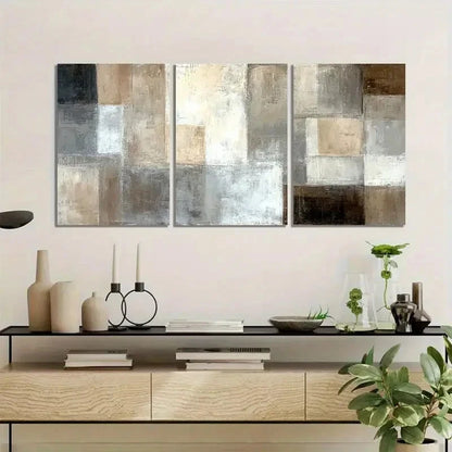 3pcs Abstract Painting with Light Brown White Grey Metal Print Ready to Hang Art - Bella Home Decor