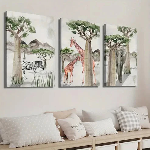 3pcs African Animals Jungle Theme Wall Art Set Canvas Unframed - High Quality Print 100% Australian Made Wall Canvas - Bella Home Decor