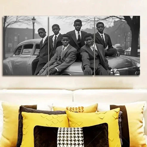 3pcs The black teenager was in an old car Wall Art Canvas Unframed - High Quality Print 100% Australian Made Wall Canvas