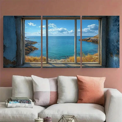 3pcs Window View Bay Cove Illustration Metal Print Ready to Hang Art - Bella Home Decor