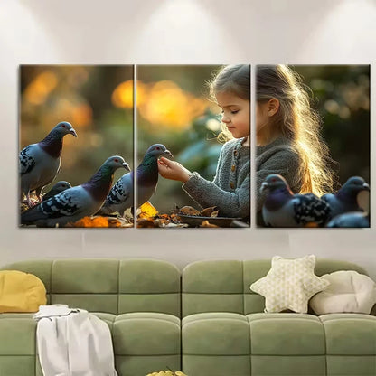 3pcs Kind Girl Feeding Pigeons Metal Print Ready to Hang Art