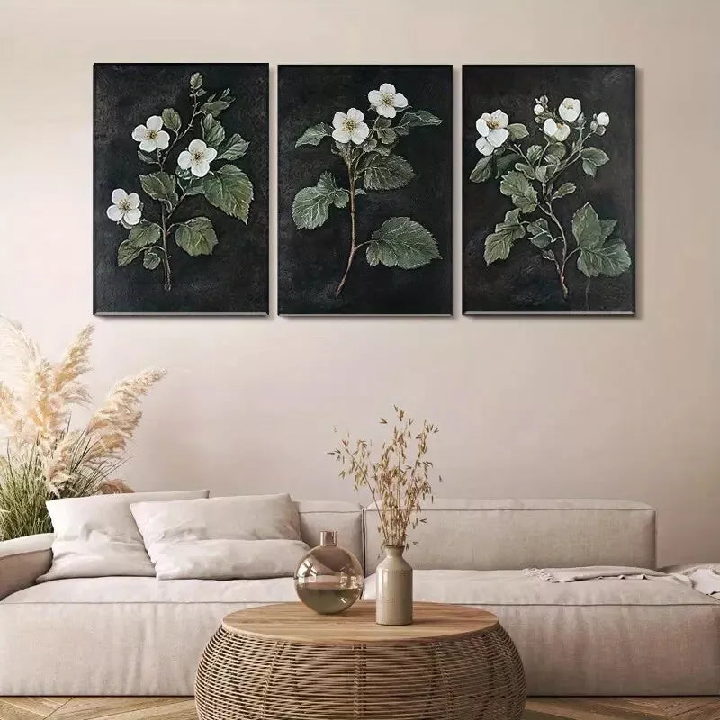 3pcs Elegant Botanical White Flower Triptych Wall Art Set Canvas Framed 40x60cm - High Quality Print 100% Australian Made Wall Canvas Ready to Hang