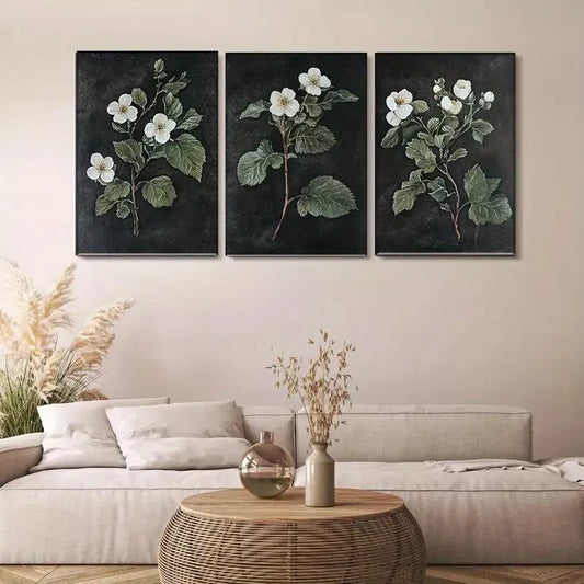 3pcs Elegant Botanical White Flower Triptych Wall Art Set Canvas Framed 40x60cm - High Quality Print 100% Australian Made Wall Canvas Ready to Hang