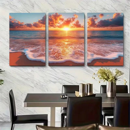 3pcs Serene Golden Sunset Ocean Metal Print Ready to Hang Art