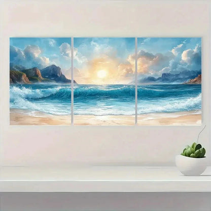 3pcs Ocean Beach Sunset with Waves and Mountains Metal Print Ready to Hang Art - Bella Home Decor