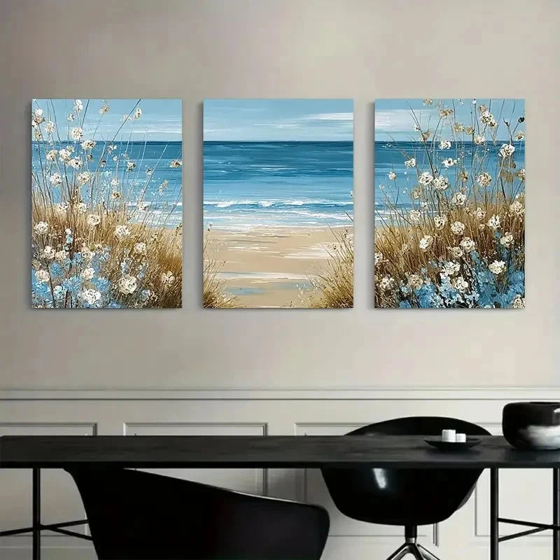 3pcs Beach Scene with Blue Water and Brown Grass Metal Print Ready to Hang Art - Bella Home Decor