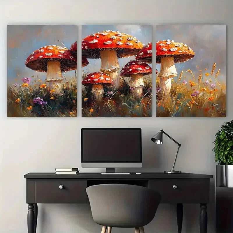3pcs Kitchen Still Life False Parasol Mushrooms Metal Print Ready to Hang Art - Bella Home Decor