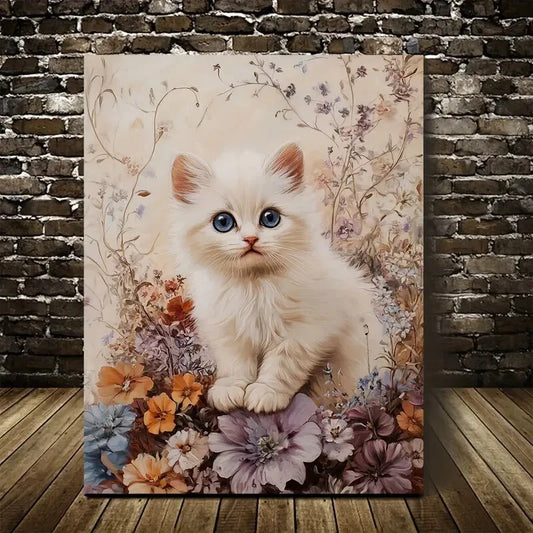 Cute Ragdoll Kitten with Flowers & Plants 40x60cm Metal Print Ready to Hang - Bella Home Decor