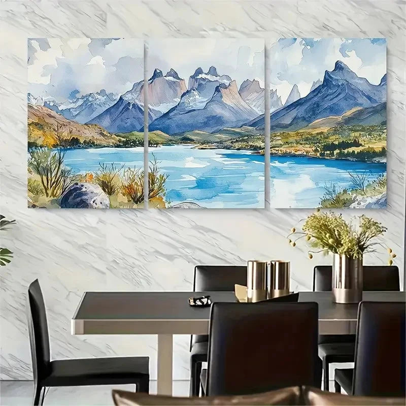 3pcs Watercolor Mountain Scenery Turquoise Waters Metal Print Ready to Hang Art
