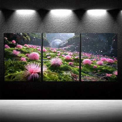 3pcs Vibrant Pink Florals with Moon View Metal Print Ready to Hang Art