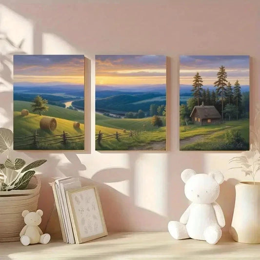 3pcs Wooden Fence, Sunset, River, Pine Tree Wall Art Set Canvas Framed 60x90cm - High Quality Print 100% Australian Made Wall Canvas Ready to Hang
