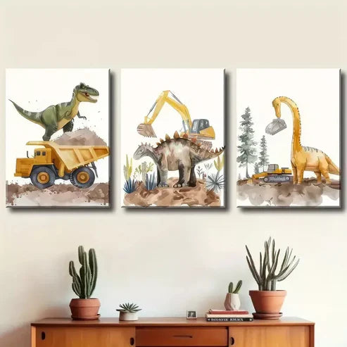 3pcs Dinosaur Construction And Excavation with Dump Trucks Art Set Canvas Unframed - High Quality Print 100% Australian Made Wall Canvas