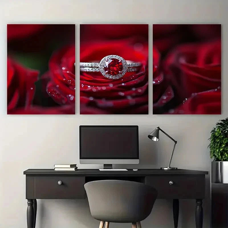 3pcs Red Rose & Wedding Ring with Diamond Metal Print Ready to Hang Art - Bella Home Decor