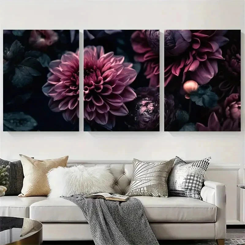 3pcs Abstract Deep Purple Floral Metal Print Ready to Hang Art - Bella Home Decor