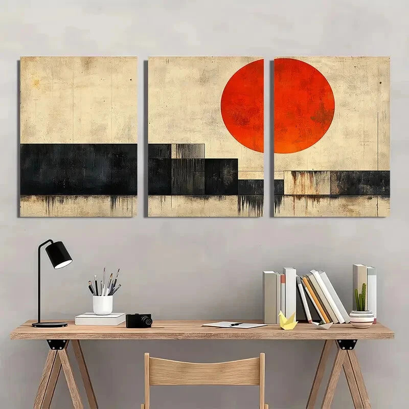 3pcs Black Orange Beige Geometric Design Metal Print Ready to Hang Art - Bella Home Decor