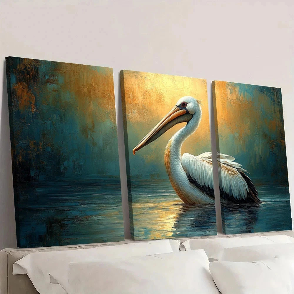 3pcs Pelican Oil Painting Vintage Bird Themed Wall Art Set Canvas Framed 40x60cm - High Quality Print 100% Australian Made Wall Canvas Ready to Hang - Bella Home Decor