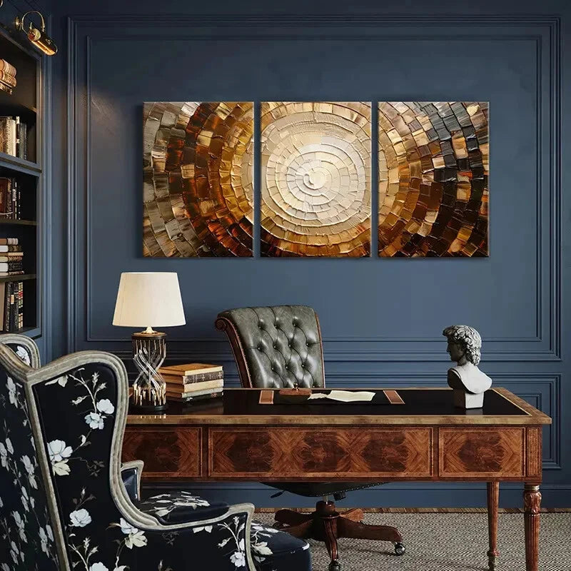 3pcs Abstract Spiral Mosaic Art Golden Brown Metal Print Ready to Hang Art - Bella Home Decor