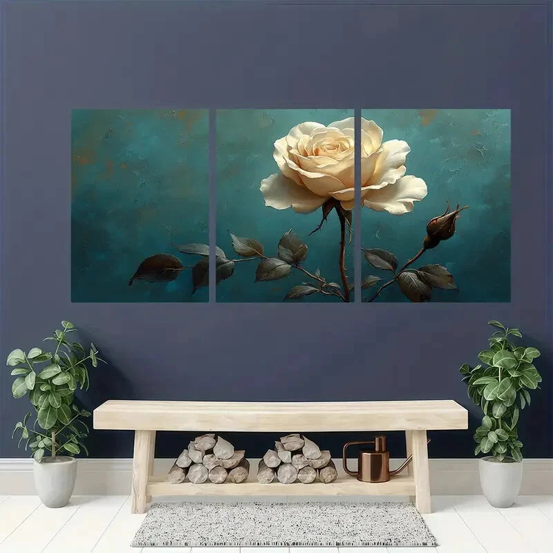 3pcs White Rose Flower Art Rose Painting Print Metal Print Ready to Hang Art - Bella Home Decor
