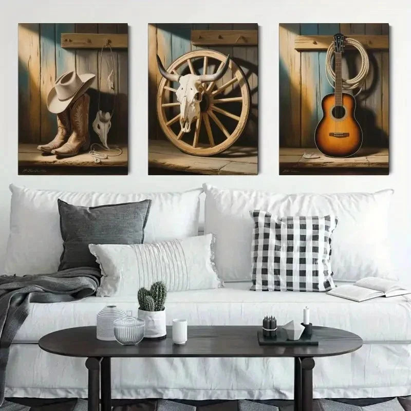 3pcs Western Cowboy Theme  Wall Art Set Canvas Framed 40x60cm - High Quality Print 100% Australian Made Wall Canvas Ready to Hang - Bella Home Decor