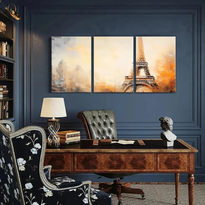3pcs Eiffel Tower Abstract Golden Hue Cityscape Metal Print Ready to Hang Art - Bella Home Decor