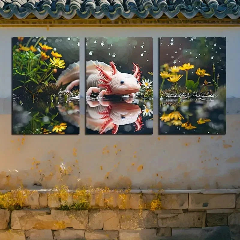 3pcs White Axolotl by The Pool Design Metal Print Ready to Hang Art - Bella Home Decor