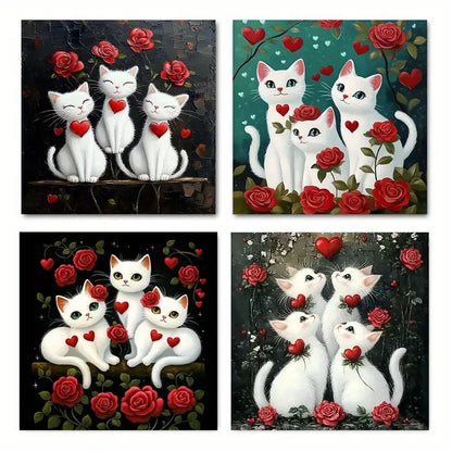 4pcs Charming White Cat Red Rose Art Deco  Wall Art Canvas Framed