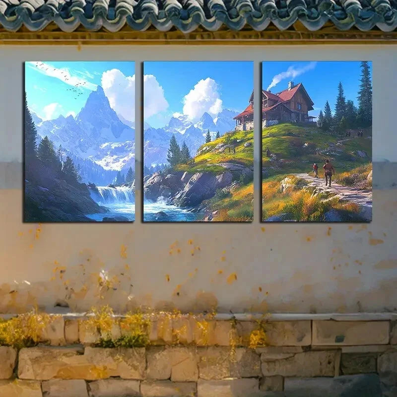 3pcs Scenic Mountain Landscape with Forest Hut Metal Print Ready to Hang Art - Bella Home Decor